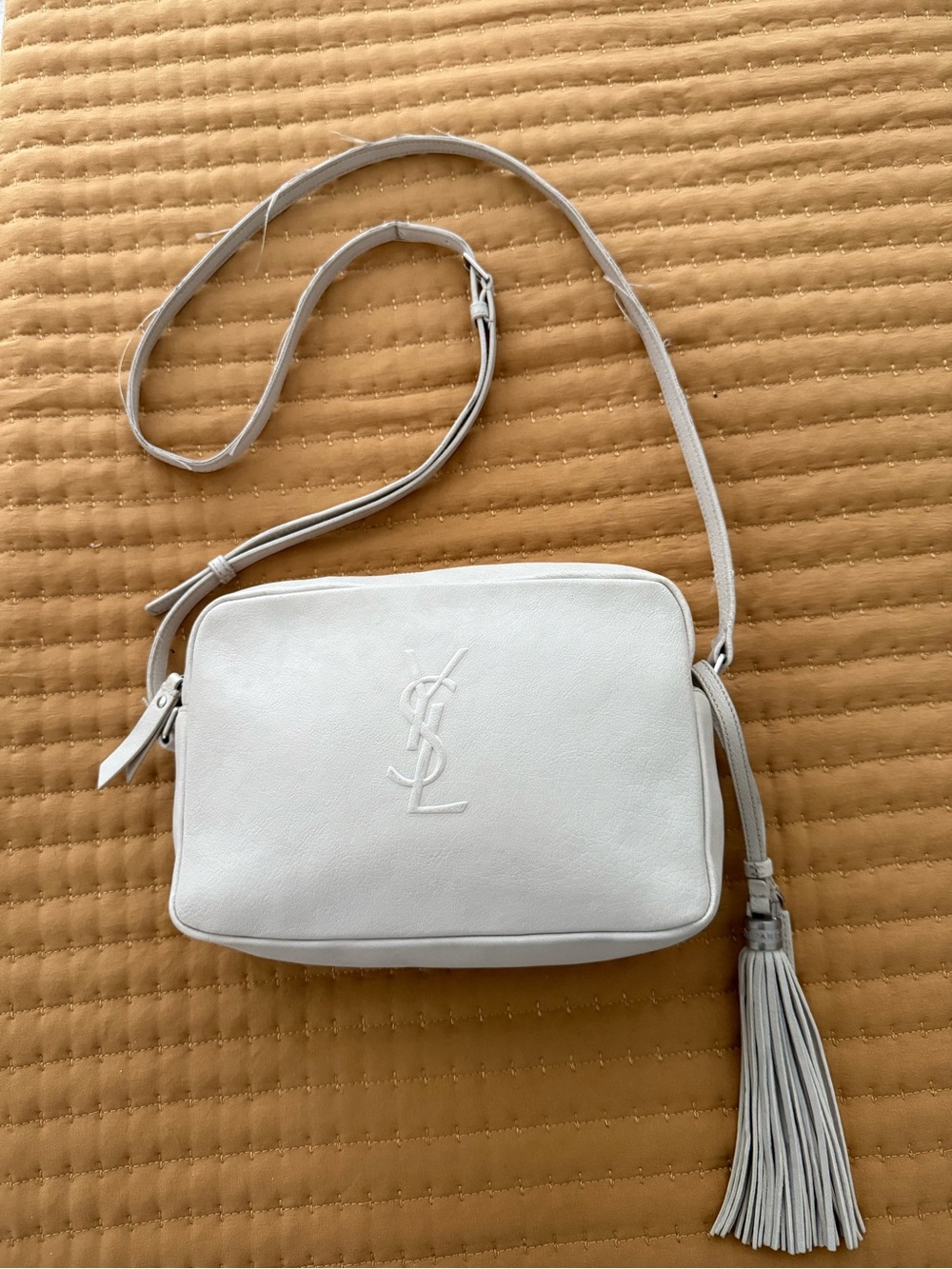 Authentic Saint  Laurent White Leather Lou Crossbody Camera Bag with Tassel